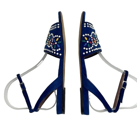 TABITHA SIMMONS GEOMETRIC STUDDED BLUE SUEDE LEATHER ANKLE WRAP SANDAL - Picture 7 of 13